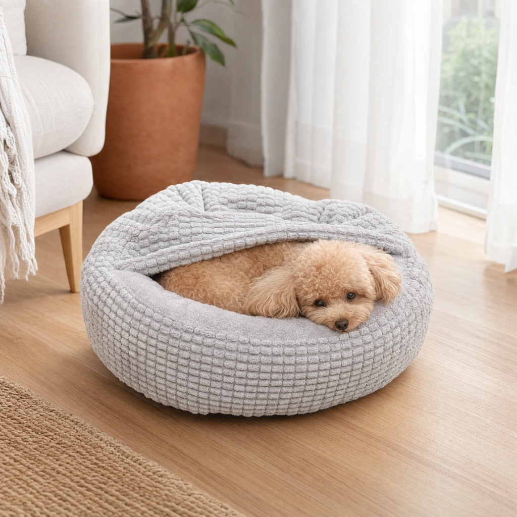 Snug Round Fluffy Dog Bed — lifestyle